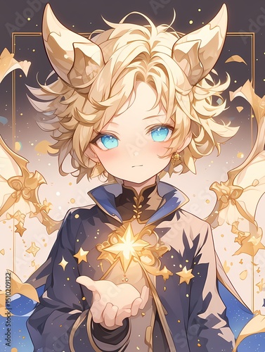 Fantasy anime character with blonde hair blue eyes dragon horns and wings dark blue jacket gold embroidery holding star gazing at viewer