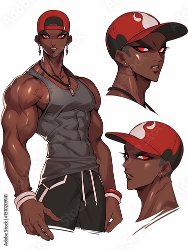 Muscular male character with red eyes and black hair wearing baseball cap