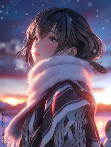 Young girl against snowy sunset background dreamy portrait