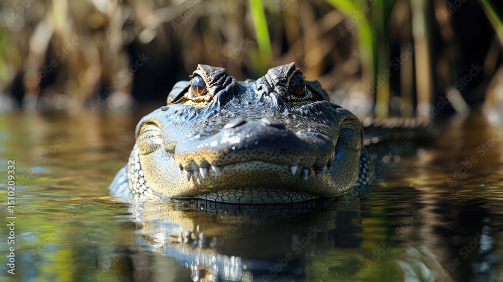 Fototapeta premium Alligator lurking in the water, close-up of reptilian predator eyes fixed