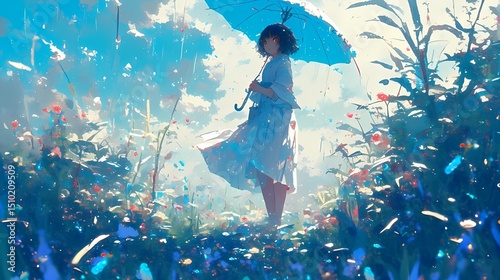 Anime girl field tall grass flowers umbrella illustration