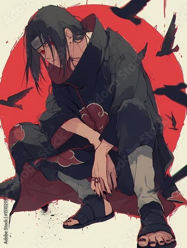 Fantasy character with black hair, red eyes, black outfit, ring, sandals, crow silhouette.