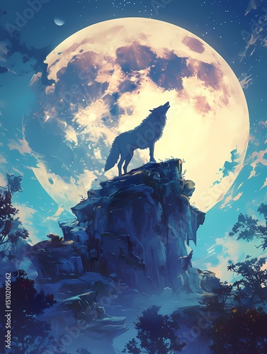 Anime illustration of a majestic wolf standing on a rocky outcropping gazing at the full moon at night.