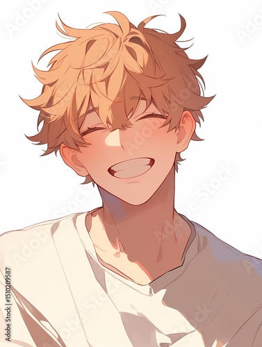 Young man with spiky blonde hair and bright smile lost in joy with eyes closed, anime illustration