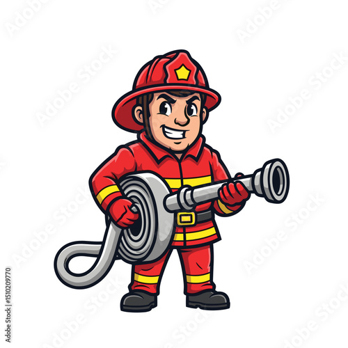 Cartoon Firefighter with Hose Ready for Action
