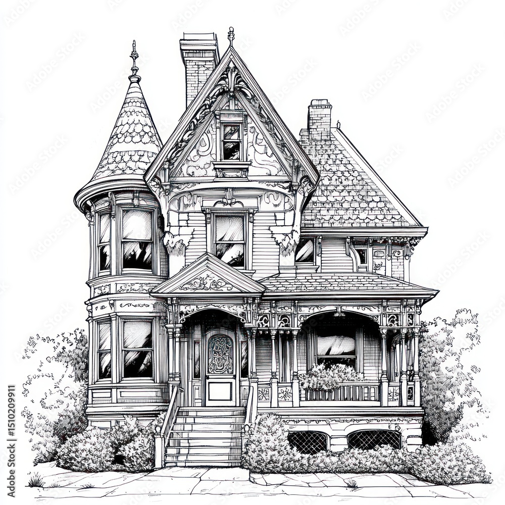 Fototapeta premium A Detailed Ink Drawing of a Victorian House