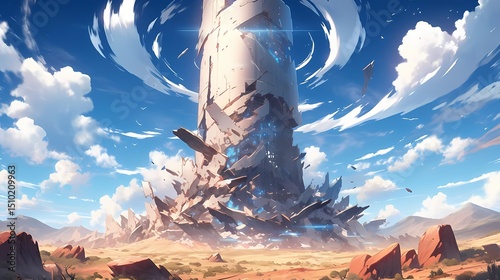 Fantasy landscape with collapsed white tower
