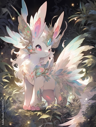 Anime illustration of a mystical creature, ethereal beauty, white and pink fur, wings spread, purple eyes, standing in a forest.