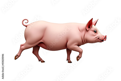 Healthy Pink Pig Walking – Isolated on White Background  Farm Animal Image