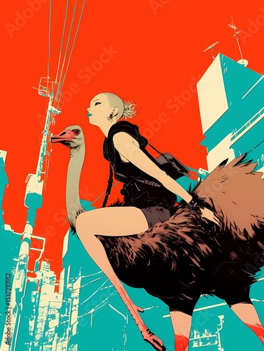 Young woman riding ostrich through city