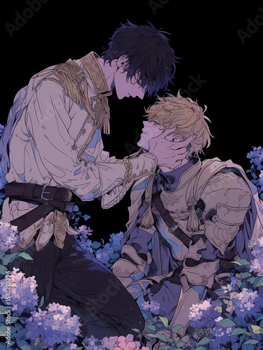 Two young men sharing tender moment, one kneeling hand on other's face, surrounded by purple flowers, serene monochrome setting, anime illustration