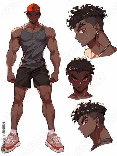 Young man illustration with dark skin and red eyes in four views anime style