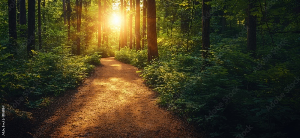 Fototapeta premium Serene forest path illuminated by golden sunlight through trees in tranquil nature setting