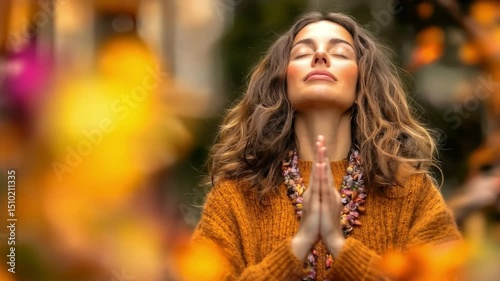 Woman in warm sweater with closed eyes and hands in prayer expresses calm and gratitude in blurred autumn background with cozy natural setting