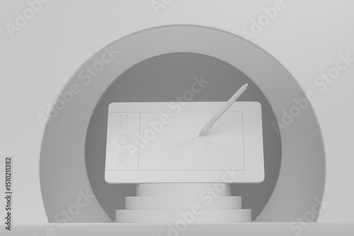 Abstract scene or podium with graphic tablet and pen on monochrome