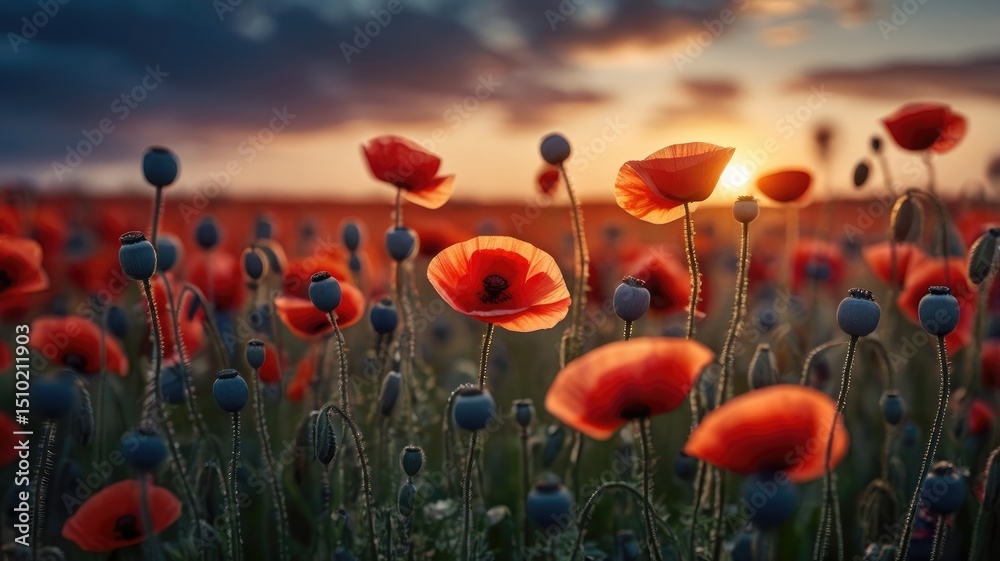 Fototapeta premium Sunset Poppy Field Vibrant Red Flowers at Golden Hour