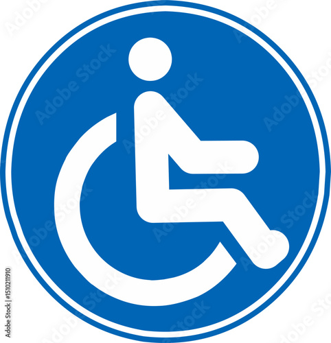 Solid blue color icon image of a disabled person using a wheelchair. suitable for use as information, notification and warning in various situations involving disabled people