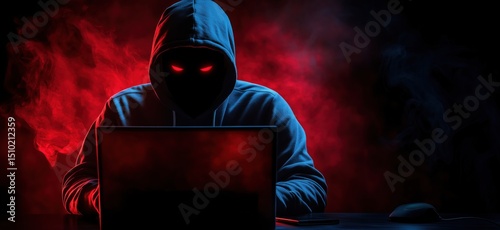 Mysterious hacker in hoodie with glowing red eyes working on laptop in dark environment