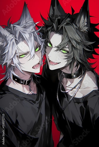 Two handsome anime characters with wolf ears, pale skin, and green eyes wear black shirts and choker necklaces, embodying a dark academia aesthetic in digital art.