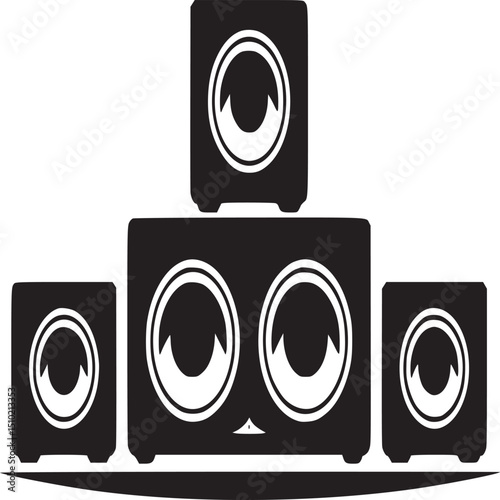 A black and white illustration of a set of speakers in a home theater
