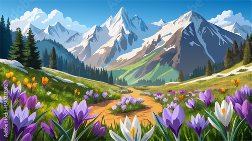 Springtime Mountain Valley with Crocus Flowers