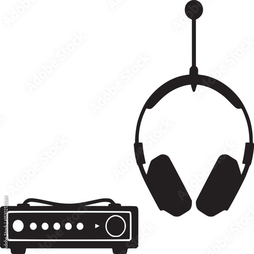 Illustration of headphones hanging near a sound system in black and white