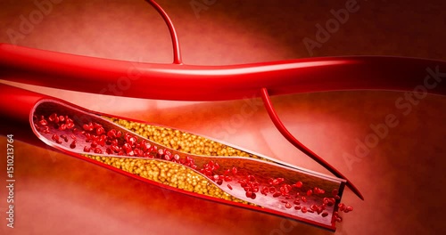 Artery clogged by unhealthy junk food, sugary drinks, and alcohol, illustrating serious cardiovascular risks, atherosclerosis, and heart disease problems in human blood vessels. 3D rendering.