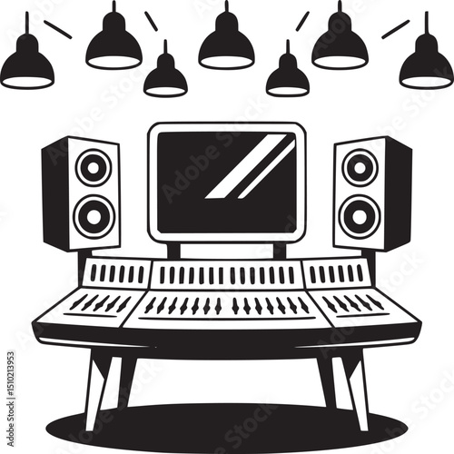 Black and white illustration of a music studio with a mixing console