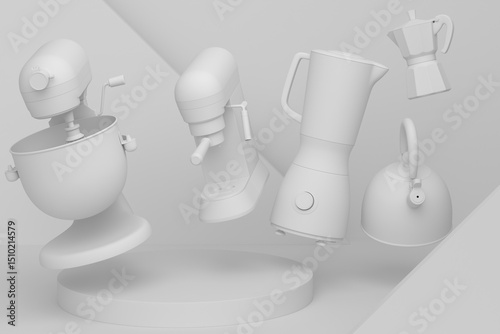 Abstract scene or podium with kitchen appliances and utensils on monochrome.
