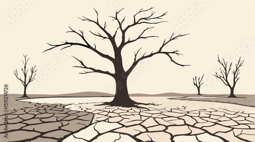 Dried cracked earth, dead trees, drought landscape illustration