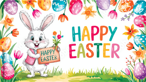 PHappy Easter Card with Cute Bunny and Decorative Eggs