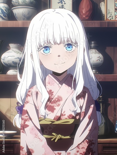 Anime girl with platinum hair in pink kimono smiling