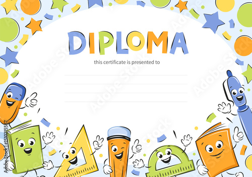 Diploma of school children. Sample elementary school kids certificate. School funny office supplies characters. Vector illustration for school.