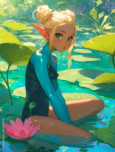 Fantasy anime illustration of a young girl with green eyes sitting on a lily pad.