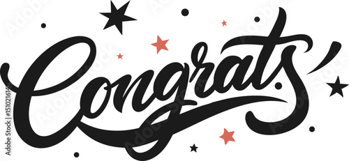 CONGRATS! ink lettering sign wit stars. Handwritten modern brush lettering on white..eps
