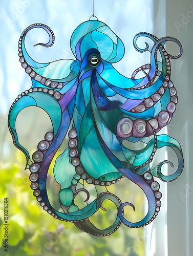 Anime illustration of a vibrant teal octopus with swirling tentacles in front of a window.