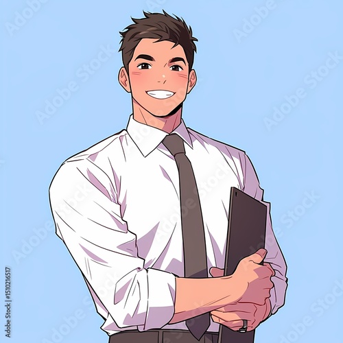 Young man with friendly demeanor holding black folder, smiling.