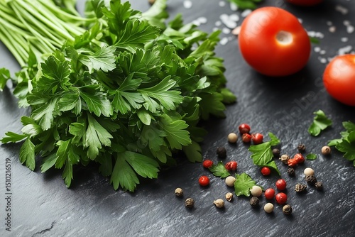 Fresh parsley tomatoes and peppercorns on a dark slate background food photo photo