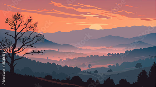 Sunrise over Misty Mountains, Scenic Landscape, Nature Art