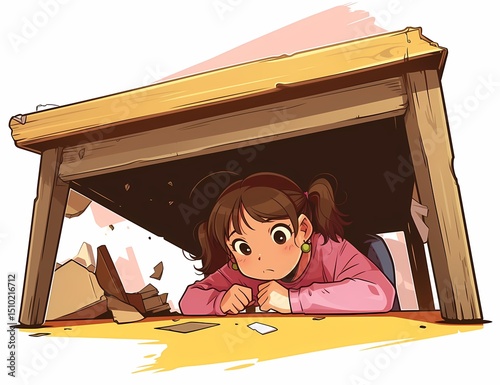 Young anime girl with brown hair and eyes hiding under wooden desk, expressing concern or fear.