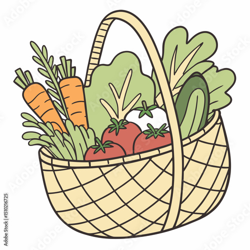 Basket filled with fresh organic vegetables including carrots, lettuce, cucumbers, and tomatoes