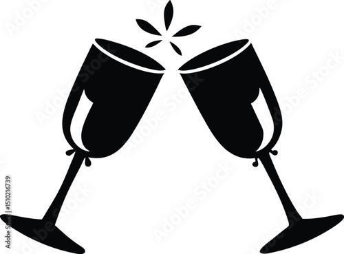 two glasses of champagne vector, Celebratory toast illustration with two wine glasses clinking in minimalist black design