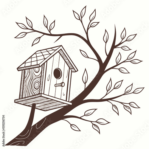 Wooden birdhouse on a tree branch with leaves in a minimalist style on light background
