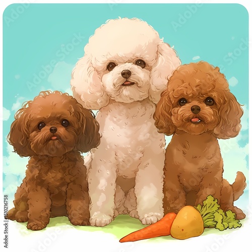 Playful dogs, carrots and broccoli snack, grassy surface, pastel blue sky