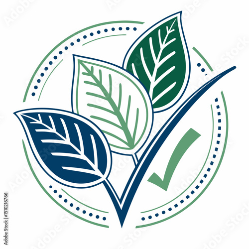 Eco product certification mark with green and blue leaves and check mark on white background