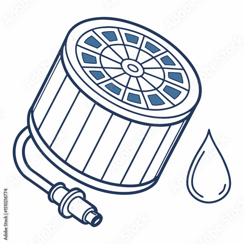 Water purification filter with droplet in a clean line art style on a white background