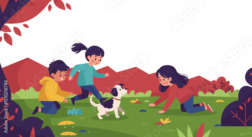 Three children playing with a dog in a colorful autumn park  