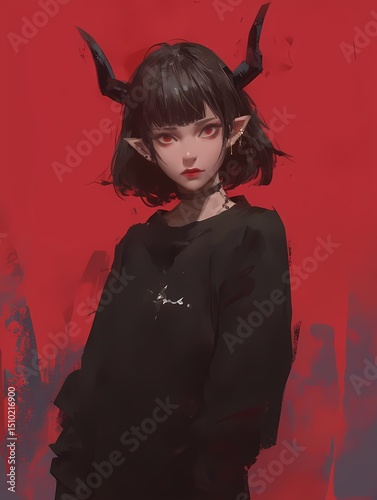 Anime character portrait with pointed ears and red eyes