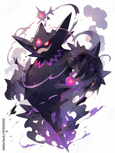 Menacing purple and black creature with grin and red eyes, surrounded by smoke, floating in dynamic pose.