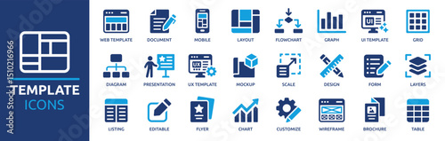 Template icon set. Layout, flowchart, diagram, form, wireframe, table, grid, editable, layers and more. Solid vector icons collection.